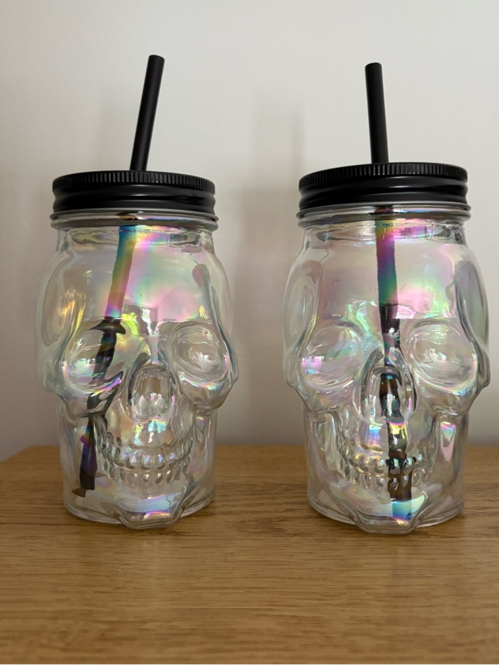 Iridescent Skull Mason Jar Tumbler with Straw - Black Lid (Set of 2)
